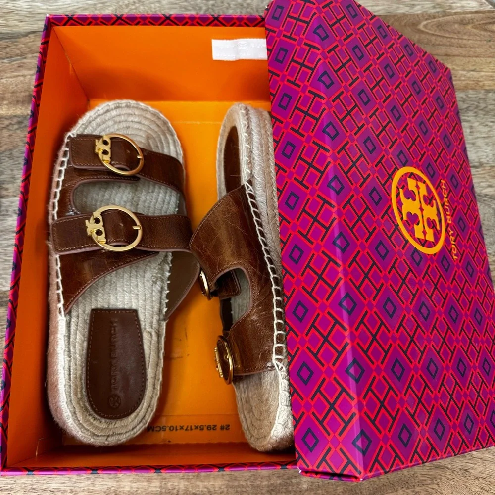 Tory Burch Selby Two Band Espadrille Slide Sandal Waxy Napa Leather Syru…